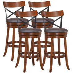 four wooden barstools with black leather seats