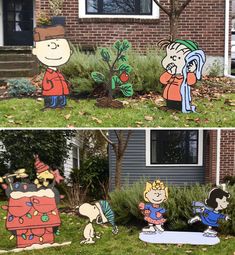 two pictures of cartoon characters in front of a house