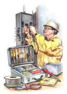 a drawing of a man working on an electrical box with wires and tools in it