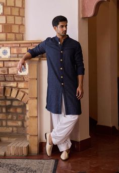 Sangeet Groom Outfit, Blue Embroidered Kurta For Wedding, Blue Kurta Men, Luxury Blue Ceremonial Kurta, Navy Blue Kurta, Navy Blue Kurta For Men, Navy Blue Vest, Mehndi Outfit, Mens Kurta Designs