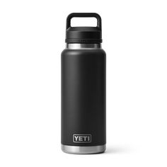 the yeti stainless steel water bottle is shown in black and has an insulated lid