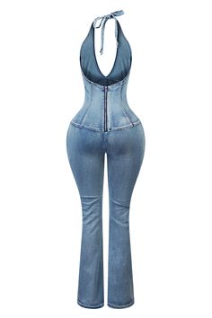 Washed denim halter jumpsuit featuring boning with eyelet lace up detail Flare hem fit Inseam 31.6"(S) Back zipper closure We recommend wearing pasties or no bra with this garment Runs small Night Out Tops, Halter Jumpsuit, Flare Jumpsuit, Corset Crop Top, Casual Day Dresses, Wedding Dresses Strapless, Strapless Tops, Maxi Dress Party, Denim Wash