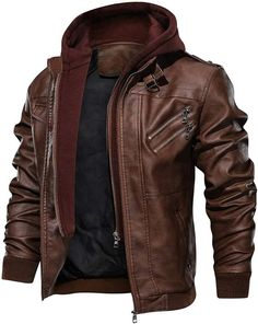 Fast Shipping Quality Product Great Support HOOD CREW Men’s Casual Stand Collar PU Faux Leather Zip-Up Motorcycle Bomber Jacket with a Removable Hood Pu Faux Leather Hand Wash Only 【WATER & WIND RESISTANT】Finished with eco-friendly faux leather, it keeps you protected anytime you’re out on the move and safe from the rain and snow. Ribbed cuffs and hem traps warmth inside while keeping out chilly wind and providing a secure fit. 【ADDED CONVENIENCE】Stand collar with a removable hoodallows you to play with different styles while the full zip front closure makes it easy to put on or take off. 【MULTIPURPOSE POCKETS】The jacket features side pockets for warming hands up, two decorated zippered pockets and one flap pocket on the chest for carrying wallet, name card, phone and such. 【SUFFICIENT VEN Brown Hooded Biker Jacket With Pockets, Brown Hooded Jacket With Zipper For Winter, Brown Leather Hooded Winter Jacket, Brown Leather Hooded Jacket For Winter, Winter Brown Hooded Jacket With Zipper, Casual Fitted Leather Hooded Jacket, Winter Leather Hooded Jacket With Zipper Closure, Brown Hooded Biker Jacket With Zipper Closure, Brown Hooded Leather Jacket For Outdoor