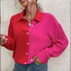 Multicolor, Color-Block Long Sleeve Button Front Drop Shoulder Shirt 95% Polyester 5% Elastane Non-Stretch Colorblock Button Up Shirt, Workwear Color Block Button-up Top, Oversized Pink Shirt With Button Closure, Pink Button-up Shirt For Daywear, Pink Color Block Button-up Top, Color Block Shirts, Drop Shoulder Shirt, Carhartt Women, Cargo Shirts