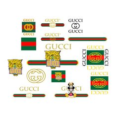 several gucci badges and emblems are arranged in the shape of a circle on a white background