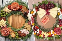 two pictures side by side, one has a wreath and the other is a cheese board