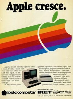 an advertisement for apple computers with the words apple cresce in rainbow letters on it