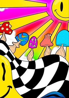 an image of a cartoon scene with mushrooms and other things in the background that are colorful