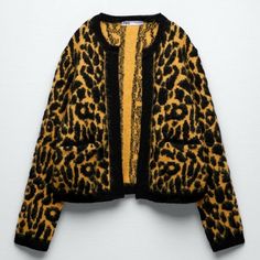 Zara Leopard Print Cardigan Product Information Material: 100% Polyester Color: Yellow & Black Size: Small Black Zara Cardigan For Fall, Zara Black Cardigan For Fall, Yellow Winter Sweater For Work, Yellow Winter Sweater For Workwear, Chic Yellow Long Sleeve Sweater, Yellow Spring Workwear Cardigan, Zara Yellow Winter Outerwear, Zara Yellow Winter Sweater, Chic Yellow Winter Cardigan