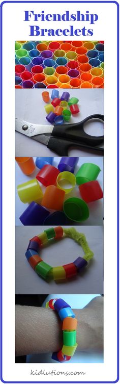 two pictures with different colored bracelets and scissors on the same side, one is made out of plastic cups