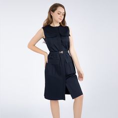 Navy Sleeveless Midi Dress With Scoop Neck, Four Flap Pockets, Belt At Waist Featuring Turn-Lock And Concealed Button Closures At Front. Office Midi Dress With Pockets, Chic Sleeveless Work Dress With Pockets, Sleeveless Shirt Dress With Pockets For Daywear, Knee-length Sleeveless Dress With Button Closure For Daywear, Sleeveless Buttoned Midi Office Dress, Sleeveless Button Dress For Work, Midi-length Sleeveless Dress With Pockets For Work, Midi Length Sleeveless Workwear Dress With Pockets, Midi Length Sleeveless Dress With Pockets For Work