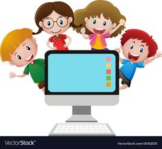 four kids standing on top of a computer screen