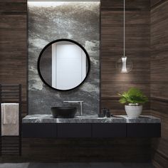 a bathroom with a sink, mirror and towel rack on the wall next to it