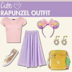 a woman's outfit and accessories are arranged in the shape of disney mouse ears