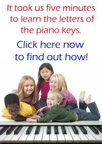 a group of children sitting on top of a piano keyboard with the words, it took us five minutes to learn the letters of the piano keys click here now to find out how