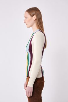 ONLY ONE LEFT - FINAL SALE! Our cream stripe long sleeve crew neck is in a super-soft, fine merino wool and viscose blend. The Cream Stripes Long Sleeve Crew makes a cool and trendy statement. Also available in solid colors. Our custom-dyed eco-merino fabrication is a combination of biodegradable extra-fine merino wool, plant-based viscose and recycled Lycra. It’s just as soft as peachskin but has a warmer, wooly hand feel, perfect for the colder winter months. Some pilling may occur, but nothin Multicolor Long Sleeve Top With Vertical Stripes, Striped Fitted Crew Neck Sweater, Fabric Shaver, Pumice Stone, Stripe Long Sleeve, The Cream, Crew Neck Top, Winter Months, Cold Winter