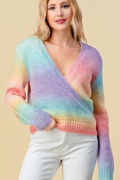 Knitted deep v neck pullover sweater. 80% Acrylic 20% Rabbit hair. Model is wearing small. Ombre Sweater, V Neck Pullover, Rainbow Sweater, Hair Model, Rainbow Design, Over The Rainbow, Pastel Rainbow, The Rainbow, Deep V Neck