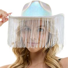 Yeehaw meets glam in this Iridescent Pink Cowboy Hat with Fringe! The hat adds a touch of sass and sparkle to any festival outfit making you the center of attention wherever you go. pbIridescent Cowboy Hat with Fringe product details:-b-p ul liIridescent finish-li liEVA polyester and cotton-poly blend-li liDoes not include outfit-li liOne size fits most teens and adults-li liClean with warm water and a soft cloth-li -ul Western Mini Hat With Flat Brim For Party, Western Style Mini Hat With Flat Brim For Party, Adjustable Costume Hats And Headpieces For Parties And Festivals, Trendy White Mini Hat For Party, Trendy Adjustable Costume Hats And Headpieces For Festival, White Fedora Costume Hat For Party, Trendy Mini Hats With Short Brim For Festivals, Trendy Silver Party Hat, Trendy Brimmed Mini Hats For Festival