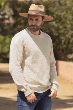 Designed by Peru's Zoila Olaechea this gorgeous men's sweater is made from pima cotton in a solid ivory tone and features a crew neck. With a fit that is great for casual styling this sweater will become your go-to item. You will love the natural texture and color. Cream Long Sleeve Sweater, Classic Beige Cotton Sweater, Cream Relaxed Fit Sweater, Classic Cream Cotton Sweater, Winter White Cotton Crew Neck Sweater, Mens Sweater, Still Life Art, T Shirt Ideas, Funny T Shirt