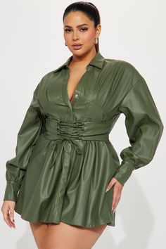 Available In Olive. Faux Leather Mini Dress Long Sleeve Collared V-Neck Button Snap Front Lace Up Belt Detail Fit And Flare Stretch Length = 32" Shell 100% Polyurethane Backing 100% Polyester Imported Faux Leather Mini Dress, Mini Dress Long Sleeve, Leather Mini Dress, Dress Long Sleeve, Leather Mini, Dress Long, Dresses Xs, Lace Front, Fit And Flare