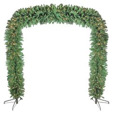 a green christmas garland with lights on the top and bottom, in front of a white background