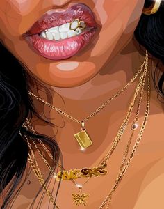 a digital painting of a woman with necklaces on her chest and lips, wearing gold jewelry