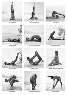 a series of photos showing different poses and body shapes for people to practice yoga on the beach