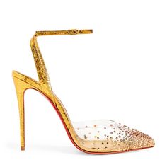 Christian Louboutin Spikaqueen 100 Pvc Crystal Strass Sandals Heels Shoes Embellished With Scattering Crystals, This Point-Toe Pair Has Been Made In Italy From Clear Pvc And Crackled Metallic Leather. Heel Measures Approximately 100mm/ 4 Inches Buckle-Fastening Ankle Strap Made In Italy Designer Color: Gold Size 39 Eu (Insole Measures 10 3/8", Heel: 4") Typically Cl Shoes Run Small. Brand New Withthe Box With Christian Louboutin Signature Dust Bag Loubiton Heels, Red Sole Shoes, Cheetah Print Heels, Christian Louboutin Pigalle, Christian Louboutin So Kate, Caged Heels, Black Pumps Heels, Pink Pumps, Strappy Sandals Heels