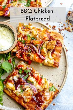 two slices of bbq chicken flatbread on a plate with garnishes