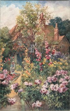 a painting of a garden with lots of flowers in the foreground and a house in the background