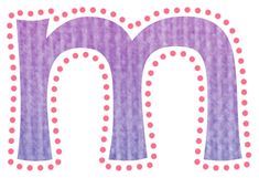 the letter m is made up of pink and purple polka doted dots on white paper