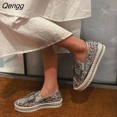 Qengg Women Flat Loafers Woman Rhinestone Shoes Female Autumn Casual Platform Glitter Design Slip On Shoes Dropshipping Summer Flat Heel Platform Loafers, Summer Platform Loafers With Flat Heel, Summer Platform Slip-on Loafers, Summer Party Loafers With Round Toe, Spring Rhinestone Flats With Round Toe, Casual Summer Party Loafers, Summer Casual Party Loafers, Summer Party Lace-up Sneakers, Casual Silver Loafers For Spring