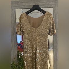 Brand New Wore Once Chic Gold Sequin Dress For Formal Occasions, Elegant Short Sleeve Sequin Dress For Party Season, Gold Sequin Formal Dress For Spring, Elegant Summer Sequin Dress For Holiday Party, Chic Short Sleeve Sequin Party Dress, Elegant Champagne Sequin Dress For Date Night, Elegant Short Sleeve Dresses For Holiday Party, Festive Chic Sequin Dress For Formal Occasions, Elegant Short Sleeve Sequin Dress For Night Out