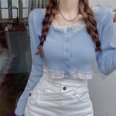 Harajuku Kawaii Fashion Pastel Lace Trim Cropped Cardigan SIZE INFO One Size - Bust 72cm/28.3", Length 44cm/17.3" NOTE: DUE TO VERY HIGH DEMAND, PLEASE ALLOW 12-20 DAYS FOR DELIVERY TO THE US, AND 20-45 DAYS TO THE REST OF THE WORLD. Kawaii Spring Sweater, Fitted Harajuku Style Tops For Spring, Cute Long Sleeve Spring Cardigan, Kawaii Fitted Tops For Spring, Fitted Kawaii Tops For Spring, Spring Cotton Harajuku Sweater, Cute Fitted Crew Neck Sweater, Fitted Cute Crew Neck Sweater, Cute Long Sleeve Cardigan