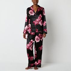 You'll feel glamorous slipping into this Ambrielle women's floral-print satin pajama set at the end of the day. This set includes a button-down shirt with a notch collar, plus a pair of matching pants with an elastic-waist and side slip pockets. # Pieces In Set: 21st Piece Description: Top1st Piece Collar: Notch Collar1st Piece Apparel Length: 26 Inches1st Piece Fabric: Satin1st Piece Fiber Content: 97% Polyester, 3% Spandex1st Piece Care: Tumble Dry, Machine Wash2nd Piece Description: Pants2nd Satin Pajama Set, Satin Pajama, Satin Long Sleeve, Satin Pyjama Set, Satin Pajamas, Matching Pants, Notch Collar, Pajama Sets, Pajama Set