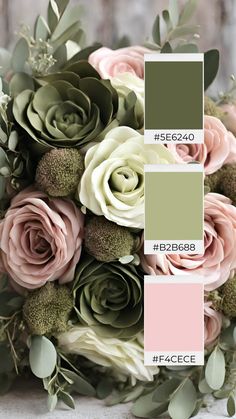 a bouquet filled with flowers and greenery next to a color swatch that says sage green