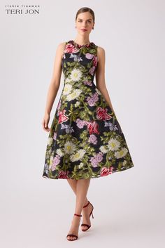 Floral Jacquard Halter Dress Daytime Dress, Off Shoulder Cocktail Dress, Defined Waist, Black Halter Dress, Daytime Dresses, Cocktail Parties, Floral Jacquard, Gold Heels, Halter Neckline