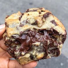 a person holding up a chocolate chip cookie