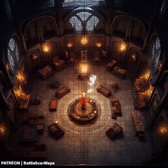 an aerial view of a room with couches, tables and candles on the floor