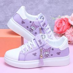 Upgrade your street style with these harajuku kuromi print lace up canvas sneakers. these stylish sneakers feature a unique print design, white laces, and a durable rubber sole for added comfort . Kuromi Print, Perfect Sneakers, Sole Sneakers, Sanrio Kuromi, Breathable Shoes, Kids Fashion Girl, Sneaker Brands, Girl Falling, Spring Shoes