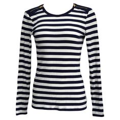 Ralph Lauren Navy & White Striped Long Sleeve with shoulder zipper details size L Material was removed but made of cotton Has good stretch L: 26” B: 31” W: 29” Comme Des Garcons Shirt, Tweed Suits, Long Sleeve Striped Top, Cropped Tops, Team Usa, Navy Stripes, Vintage Jeans, Blouse Top, Navy White