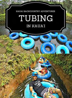 people are floating on inflatable rafts down a river with the caption tubing in kauai