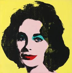 a painting of a woman's face with blue eyes and black hair, on a yellow background