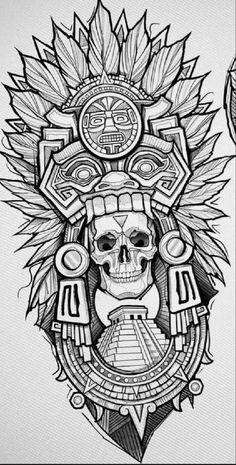 a drawing of a skull with an elaborate headdress