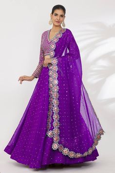 Purple lehenga with sequin, mirror, zari thread embroidery. Paired with embroidered blouse and cutwork border embroidered dupatta. - Aza Fashions V Neck Lehenga, Vani Vats, Purple Lehenga, Purple Embroidery, Lehenga Pattern, Embroidered Dupatta, Thread Embroidery, Cut Work, Embroidered Blouse