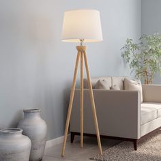 a living room with a couch, table lamp and potted plant