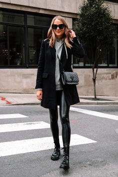 Fashion Jackson Wearing Black Wool Coat Grey Sweater Commando Black Faux Leather Leggings Sam Edelman Black Combat Boots Street Style Outfit 1 Jackets Outfit, Stylish Travel Outfit, Faux Leather Leggings Outfit, Leather Leggings Outfit, Combat Boots Style, Fashion Jackson