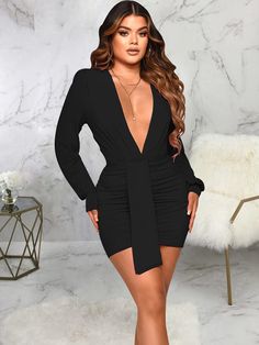 Material: 80-90% Polyester & Spandex. Features:Long sleeve. solid color. ruched. bodycon.Style: Clubwear. Long Sleeve Ruched Bodycon Dress For Night Out, Ruched Long Sleeve Bodycon Dress For Night Out, Solid Long Sleeve Ruched Mini Dress, Solid Ruched Bodycon Dress, Winter Ruched Stretch Bodycon Dress, Winter Stretch Ruched Bodycon Dress, Long Sleeve Ruched Bodycon Dress, Long Sleeve Slim Fit Bodycon Dress For Date Night, Long Sleeve Bodycon Dress With Ruched Detail