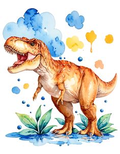 a watercolor drawing of a dinosaur with its mouth open