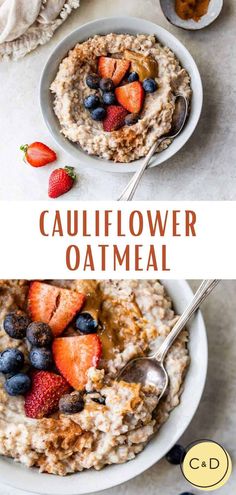 two bowls of oatmeal with strawberries and blueberries